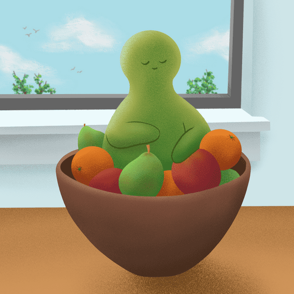 Illustration of a green creature resting in a bowl of fruit