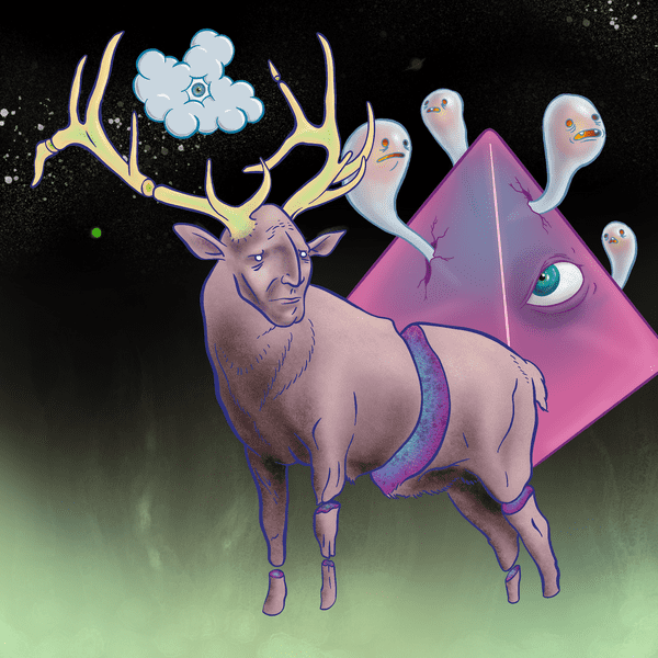 Illustration of a human-faced deer in an abstract cosmic setting
