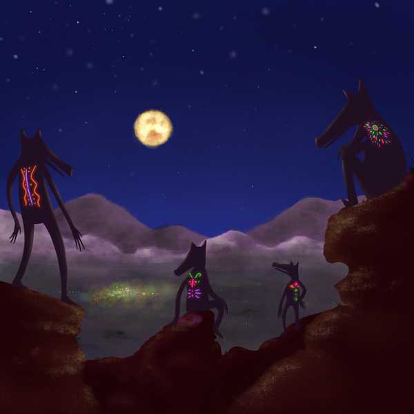 Illustration of four creatures looking out over a moonlit desert