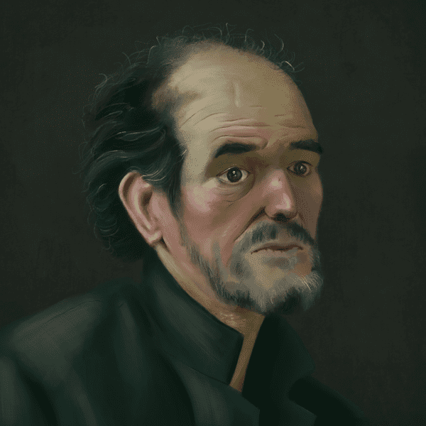 Portrait of a balding old man on a green background